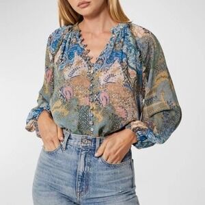 MISA Karan Patchwork‎ Chiffon Button-Front Top blouse Size S boho festival